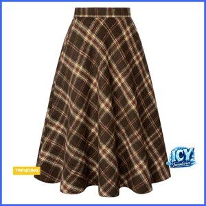 Plaid Midi Skirt with Pockets High Elastic Waist A-Line Work Skirt
